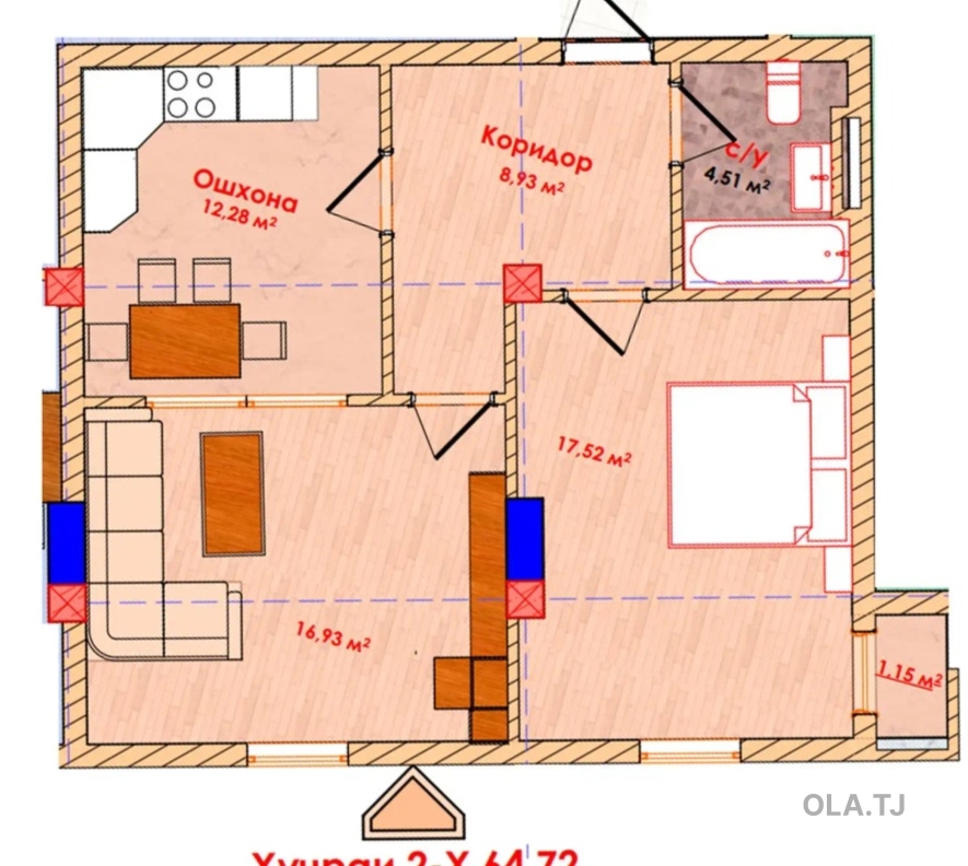 2 комнатная квартира, 7 этаж, 64 м²