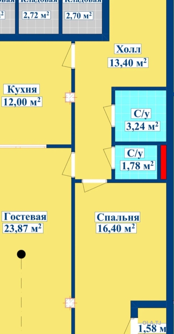 2 комнатная квартира, 15 этаж, 72 м²