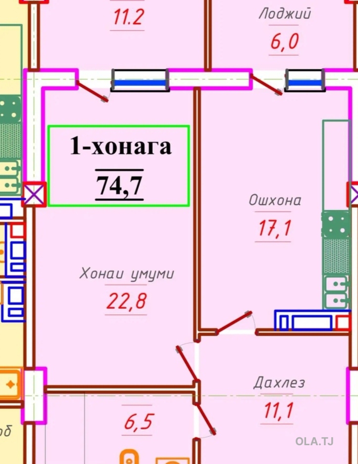 1 комнатная квартира, 15 этаж, 77 м²