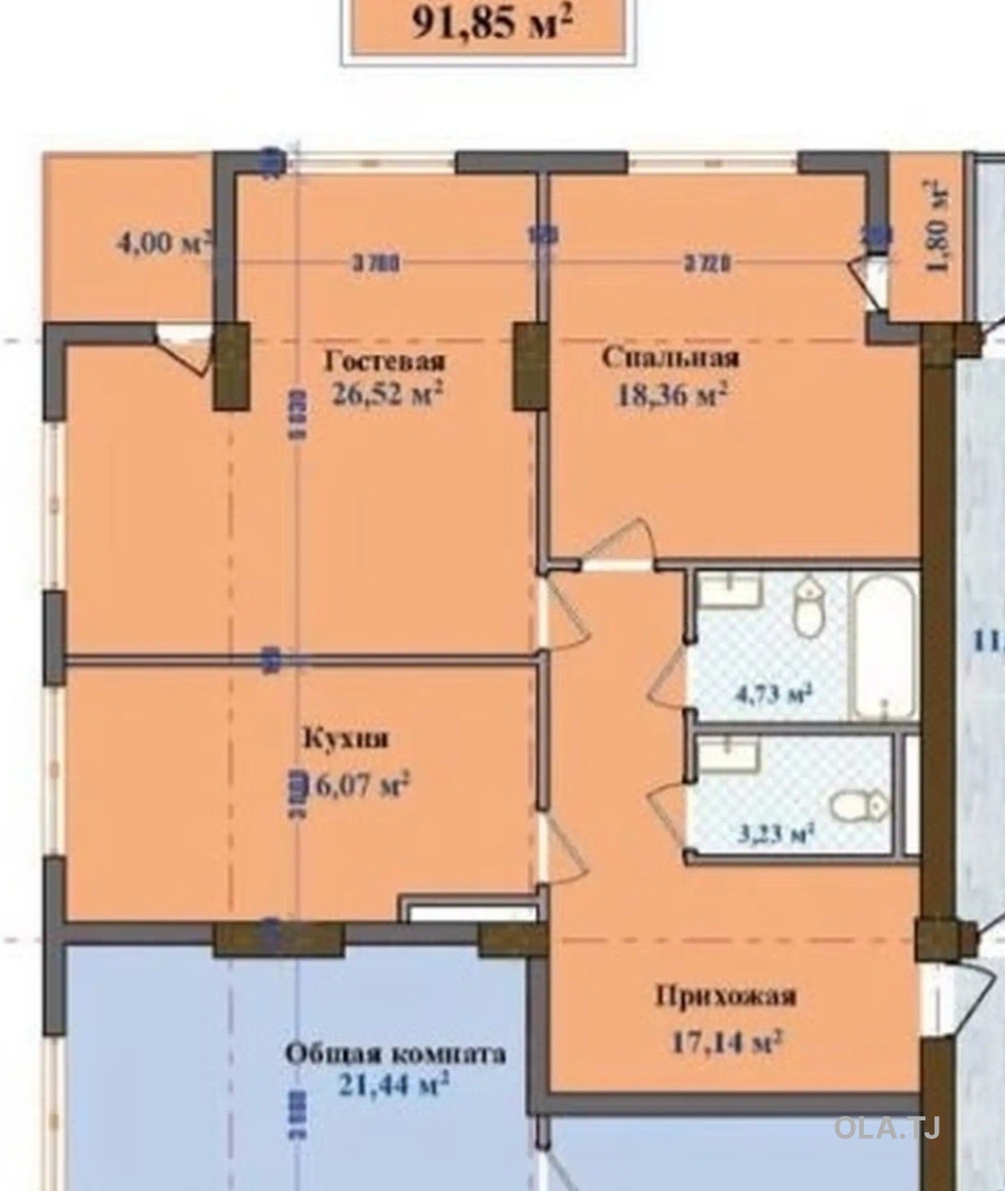 3 комнатная квартира, 7 этаж, 92 м²