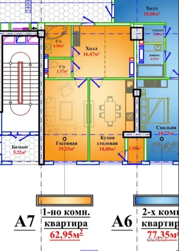 1 комнатная квартира, 22 этаж, 63 м²