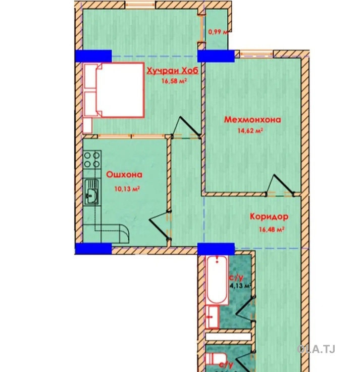 2 комнатная квартира, 13 этаж, 65 м²