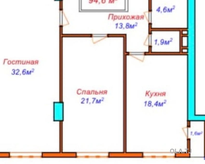 2 комнатная квартира, 9 этаж, 95 м²