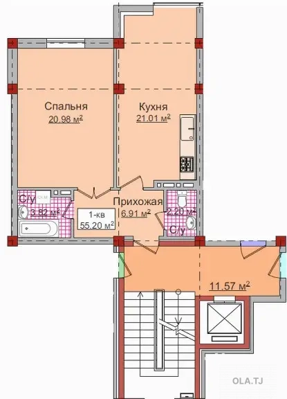 1 комнатная квартира, 10 этаж, 55 м²