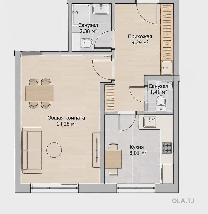 1 комнатная квартира, 12 этаж, 35 м²