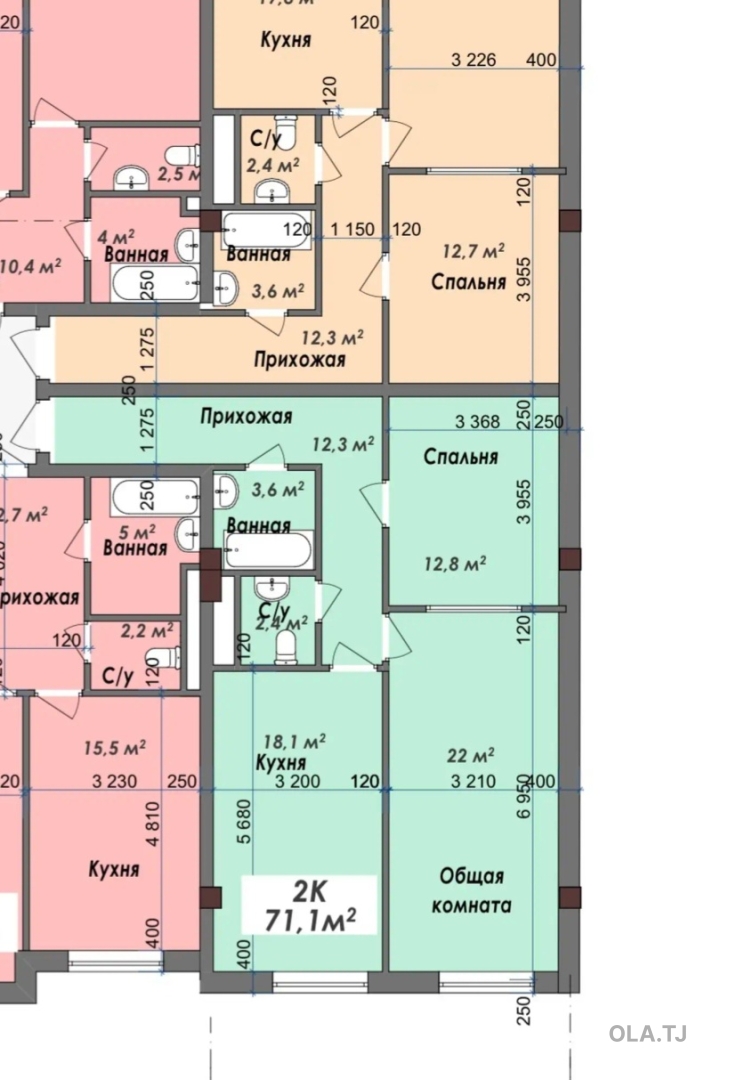2 комнатная квартира, Цокольный этаж, 71 м²