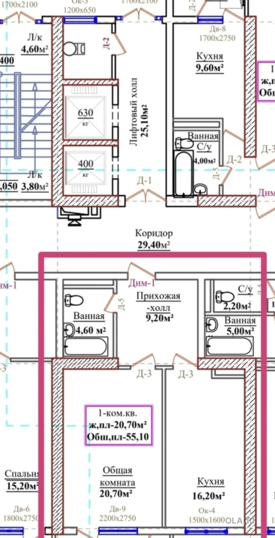 2 комнатная квартира, 5 этаж, 56 м²