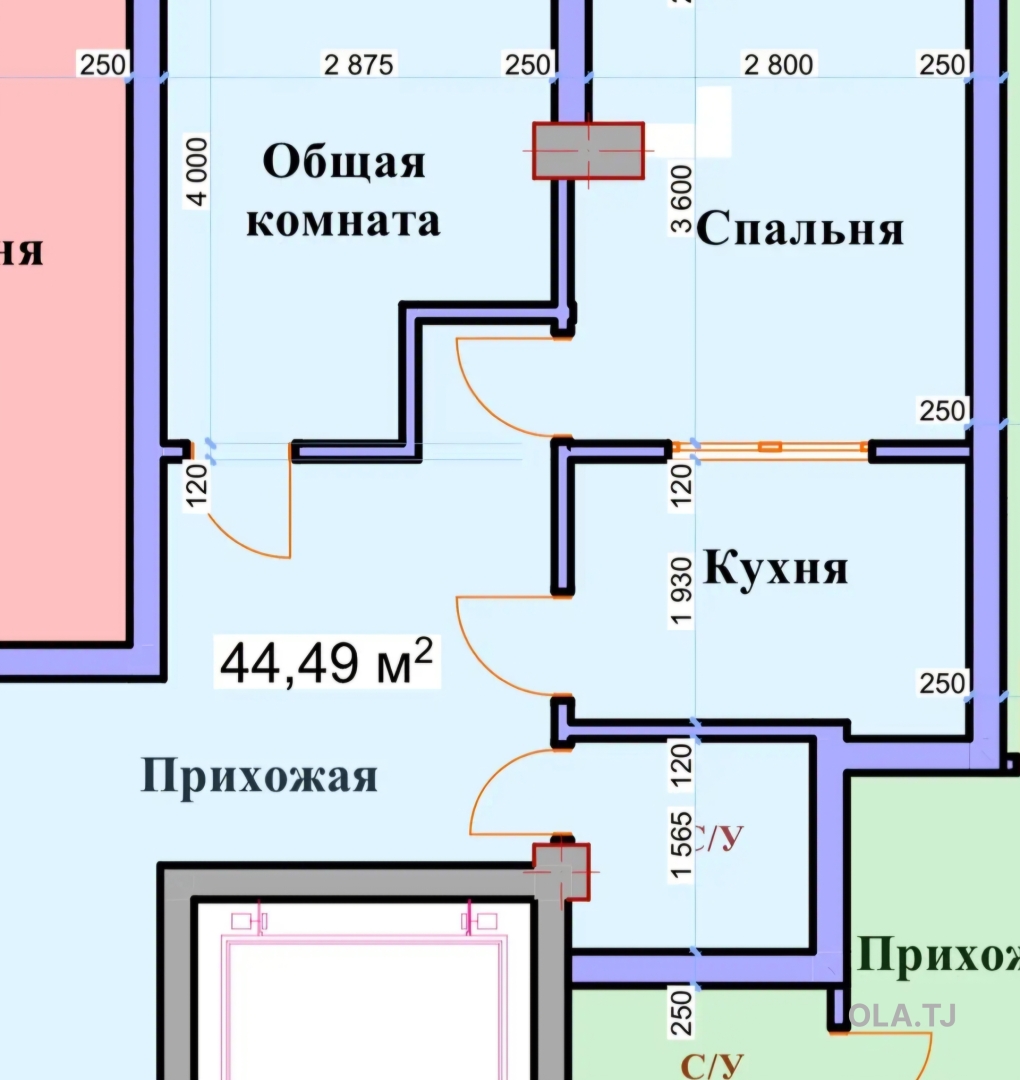 2 комнатная квартира, 9 этаж, 45 м²
