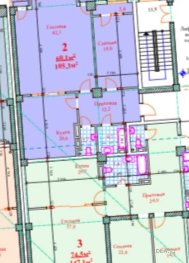 2 комнатная квартира, 3 этаж, 105 м²