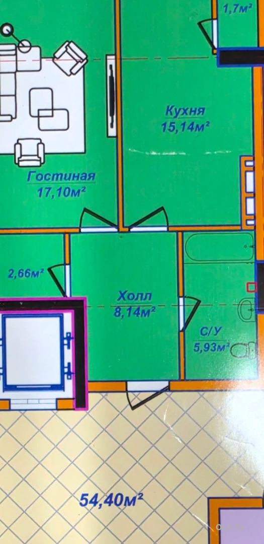 1 комнатная квартира, 11 этаж, 50 м²