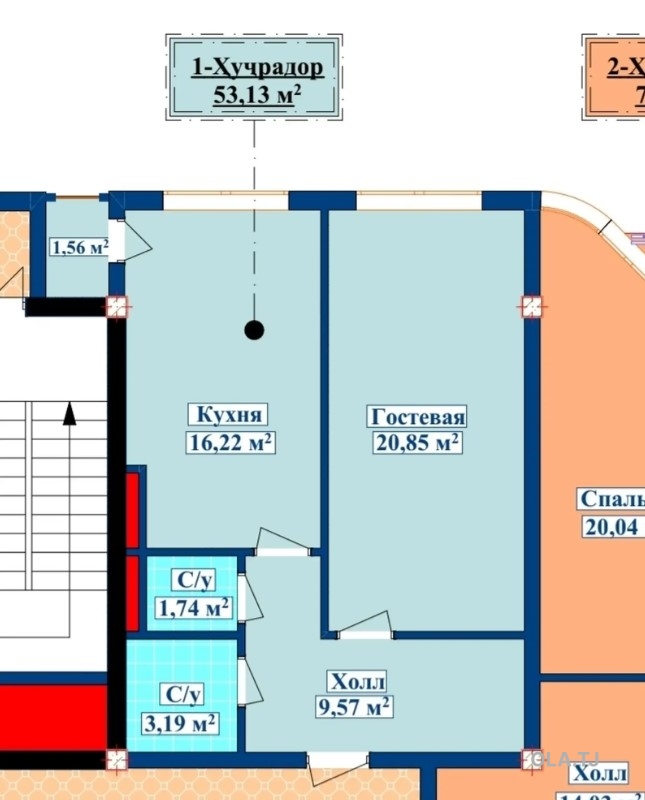1 комнатная квартира, 8 этаж, 53 м²
