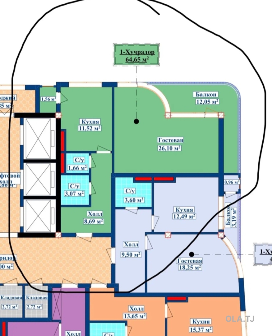 1 комнатная квартира, 3 этаж, 66 м²