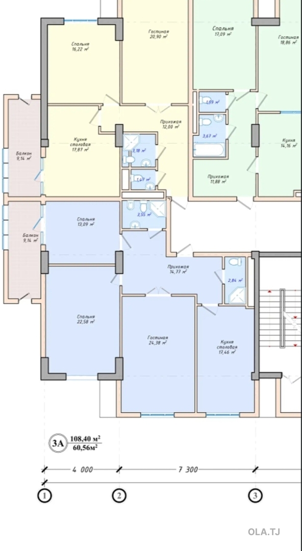 3 комнатная квартира, 6 этаж, 108 м²