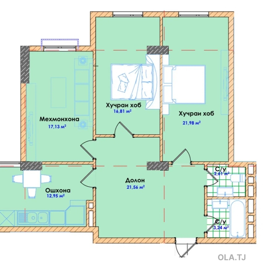 3 комнатная квартира, 5 этаж, 96 м²