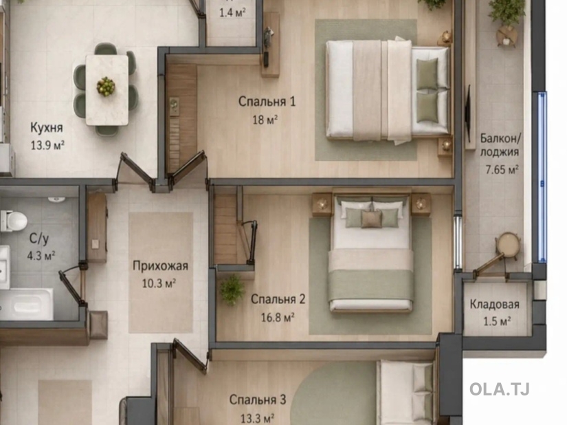 3 комнатная квартира, 2 этаж, 80 м²
