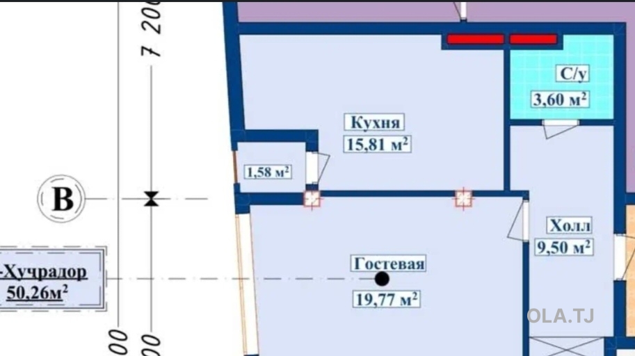 1 комнатная квартира, 4 этаж, 50 м²