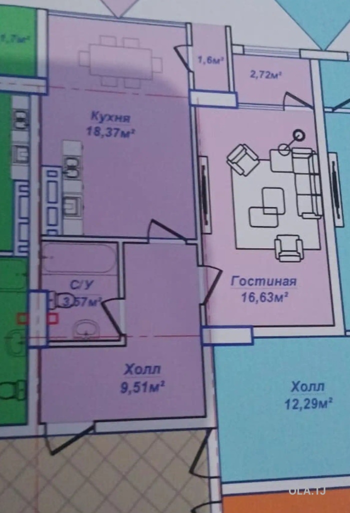 1 комнатная квартира, 4 этаж, 52 м²