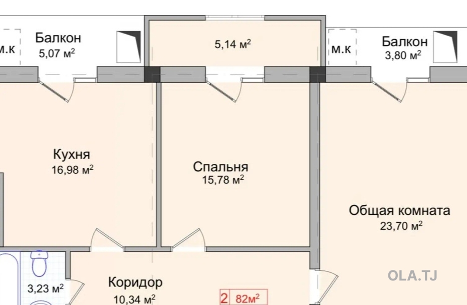 2 комнатная квартира, 4 этаж, 84 м²