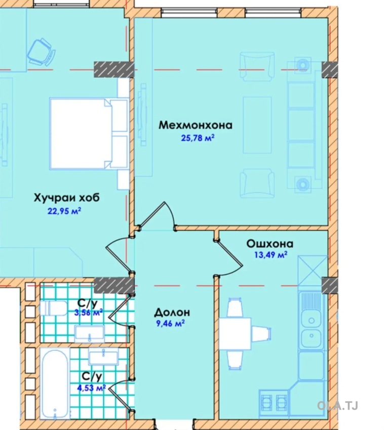2 комнатная квартира, 8 этаж, 49 м²