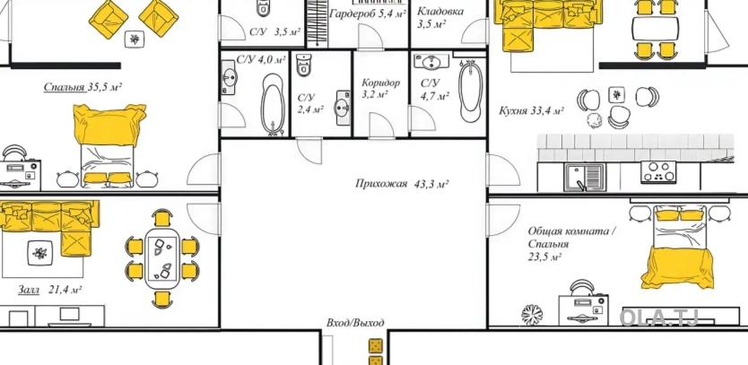 4 комнатная квартира, 5, 184 м²
