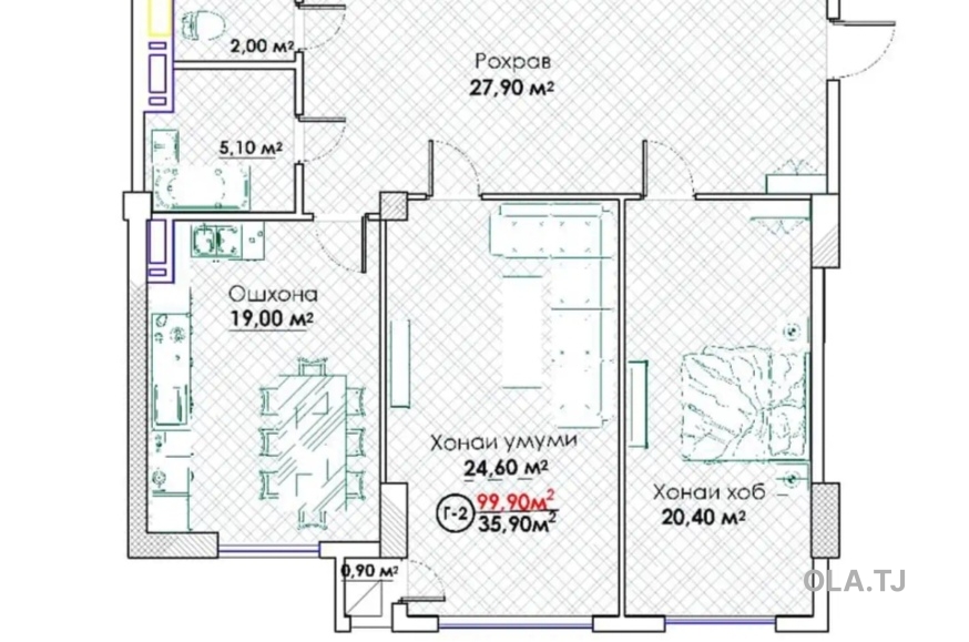 2 комнатная квартира, 5 этаж, 100 м²