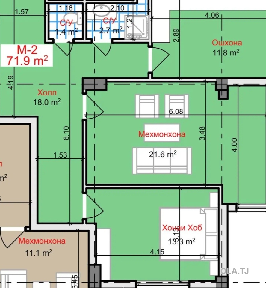 2 комнатная квартира, 7 этаж, 72 м²
