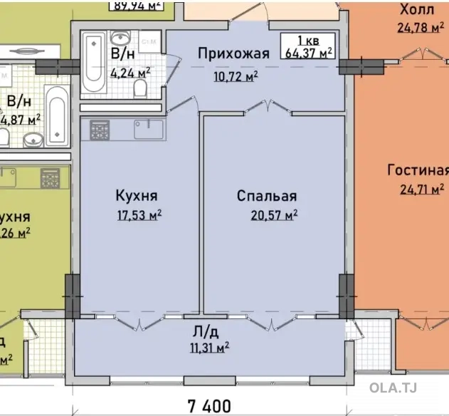 1 комнатная квартира, 3 этаж, 65м²