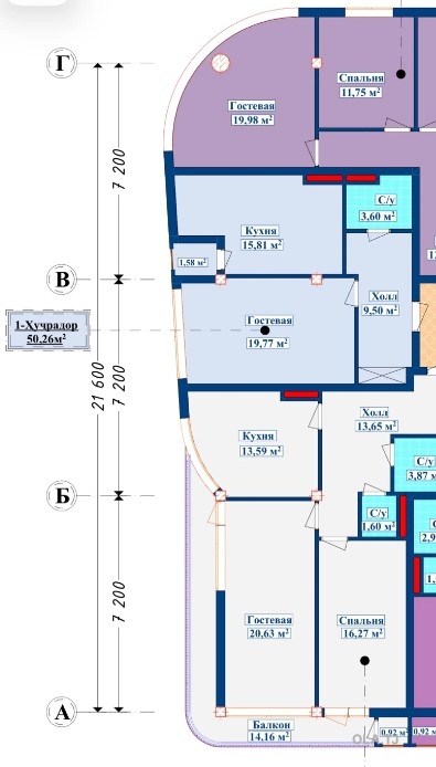 1 комнатная квартира, 2 этаж, 50 м²