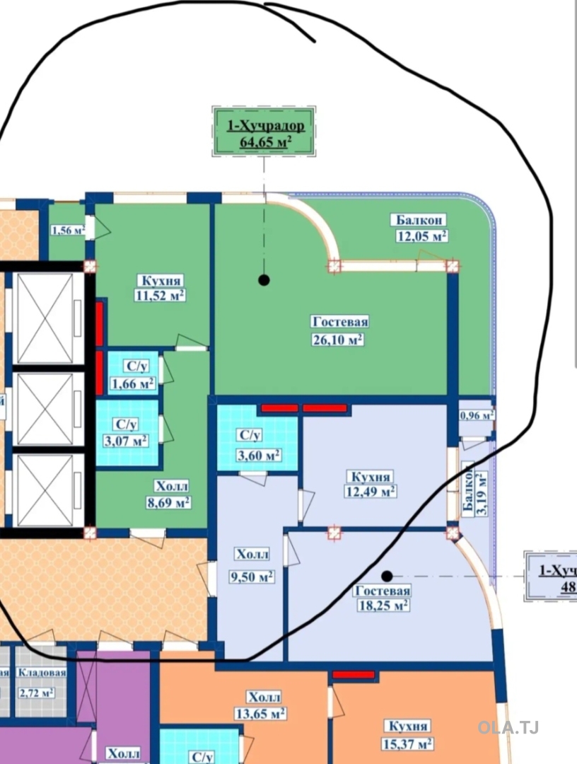 2 комнатная квартира, 14 этаж, 65 м²