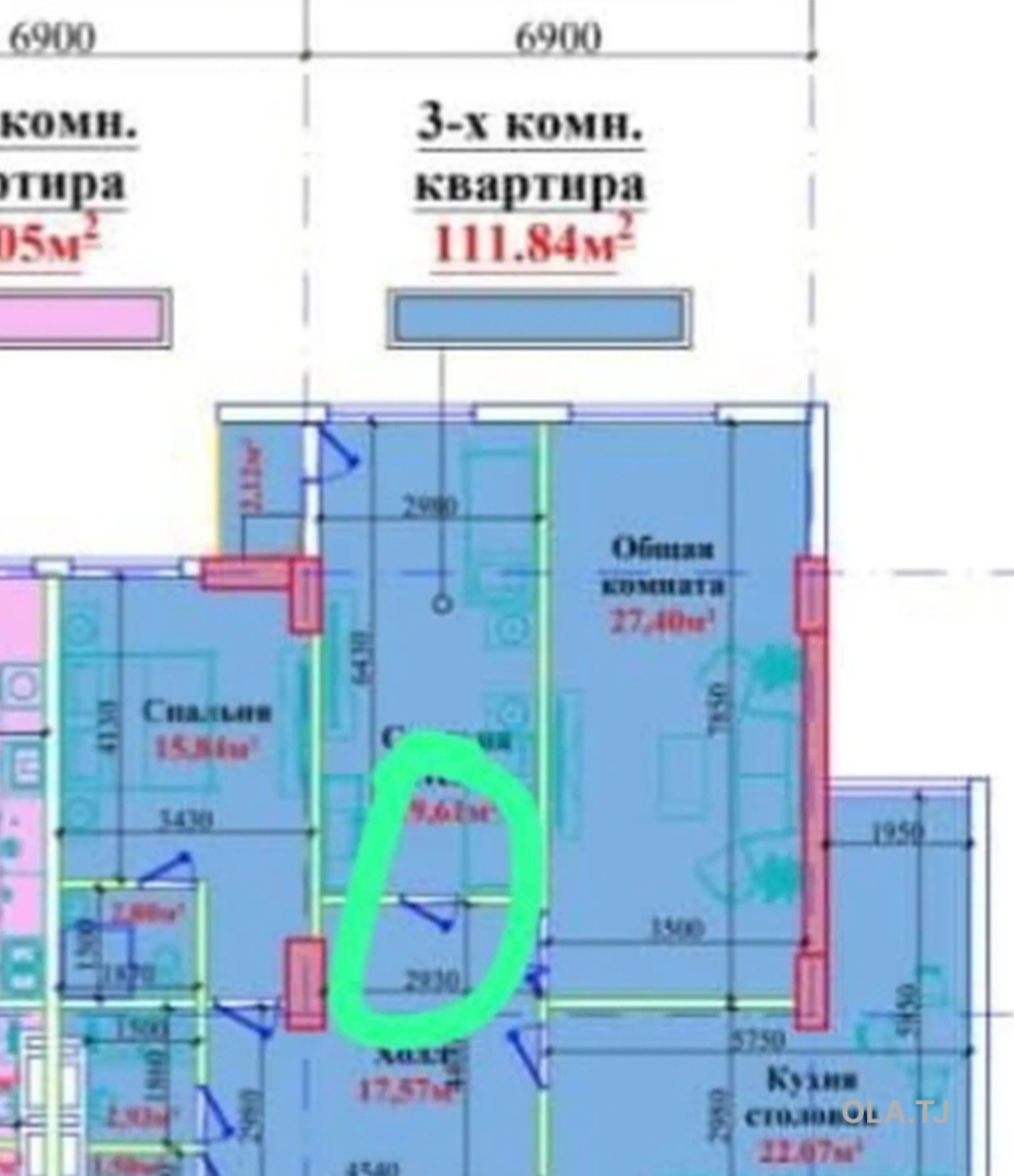 3 комнатная квартира, 9 этаж, 112 м²