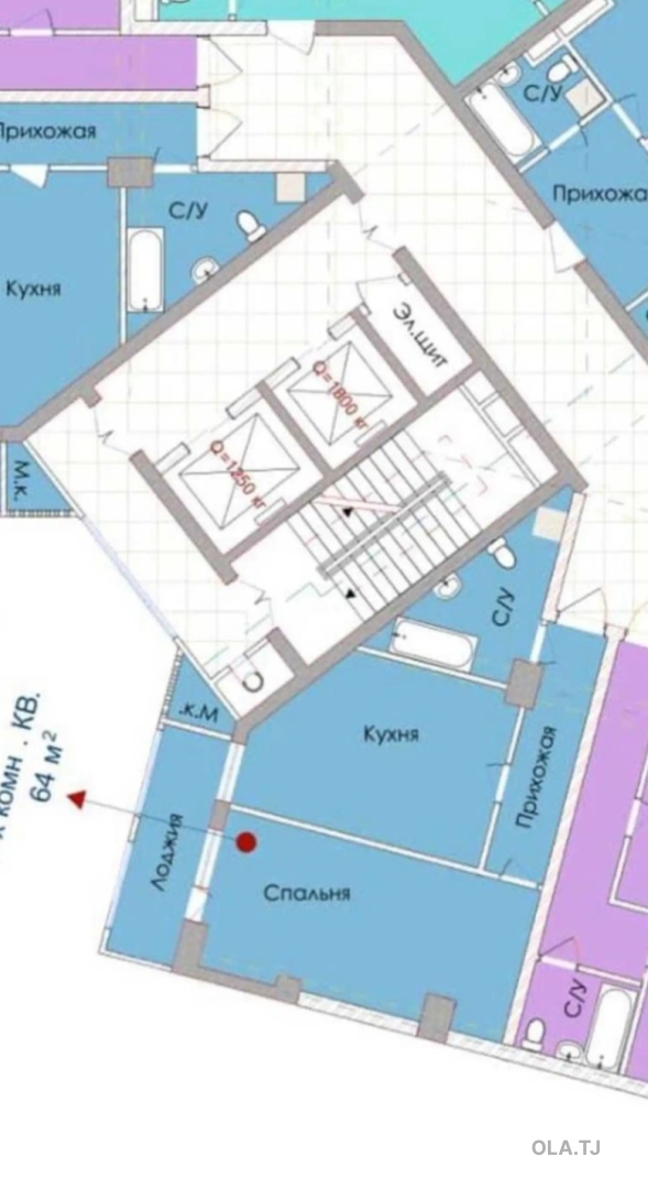 1 комнатная квартира, 7 этаж, 74 м²