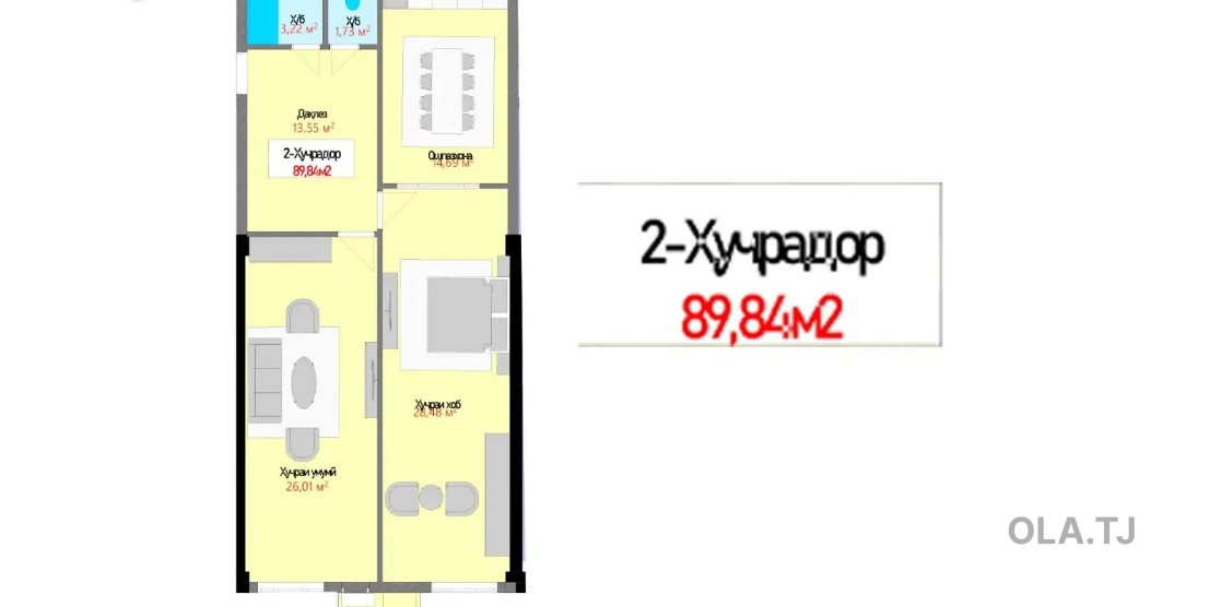 2 комнатная квартира, 9 этаж, 89 м²