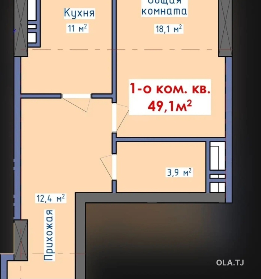 1 комнатная квартира, 4 этаж, 49 м²