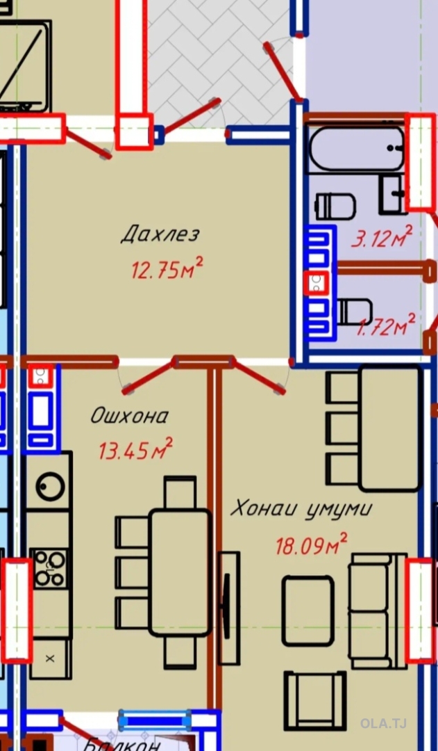 1 комнатная квартира, 13 этаж, 54 м²