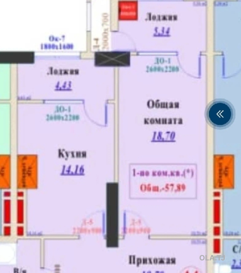 1 комнатная квартира, 16 этаж, 58 м²