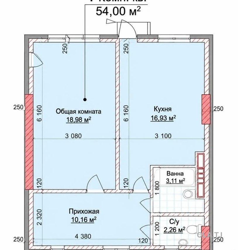 1 комнатная квартира, 10 этаж, 54 м²