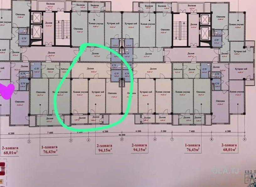 2 комнатная квартира, 15 этаж, 94 м²