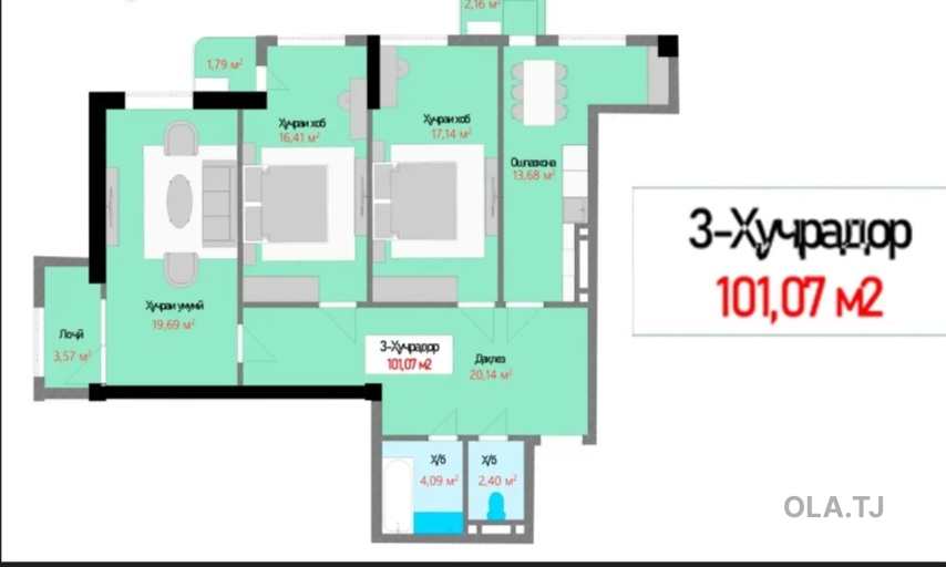 3 комнатная квартира, 15 этаж, 101 м²