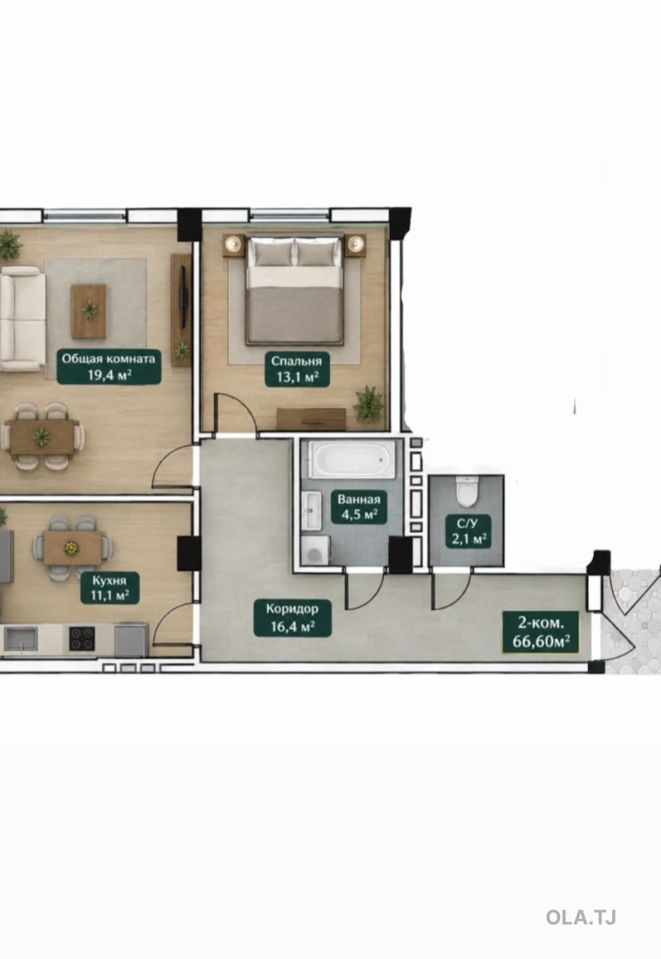 2 комнатная квартира, 2 этаж, 66 м²