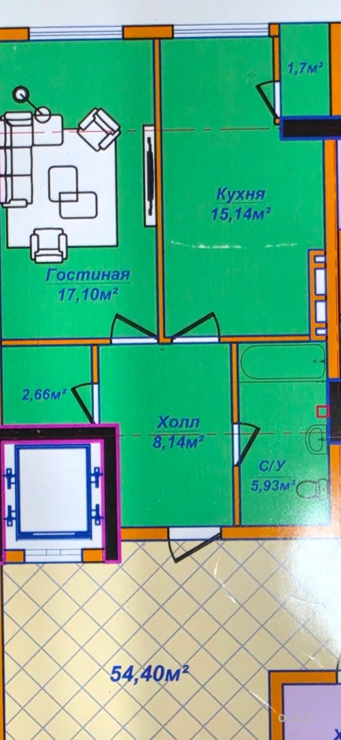 1 комнатная квартира, 11 этаж, 50 м²