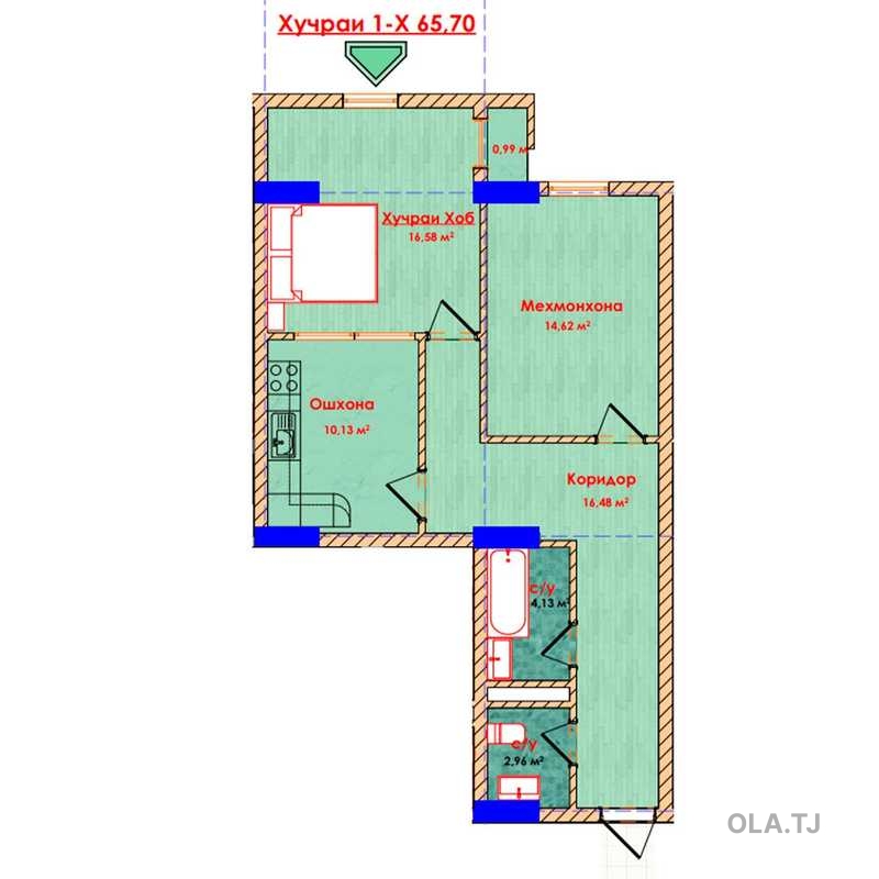 2 комнатная квартира, 12 этаж, 65 м²