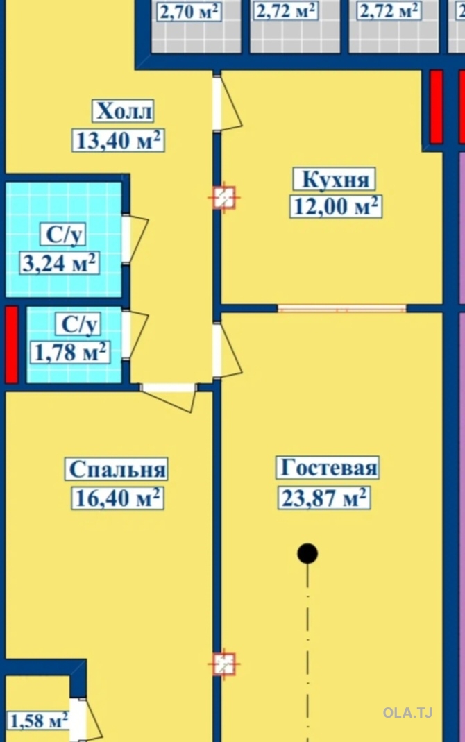 1 комнатная квартира, 15 этаж, 72 м²