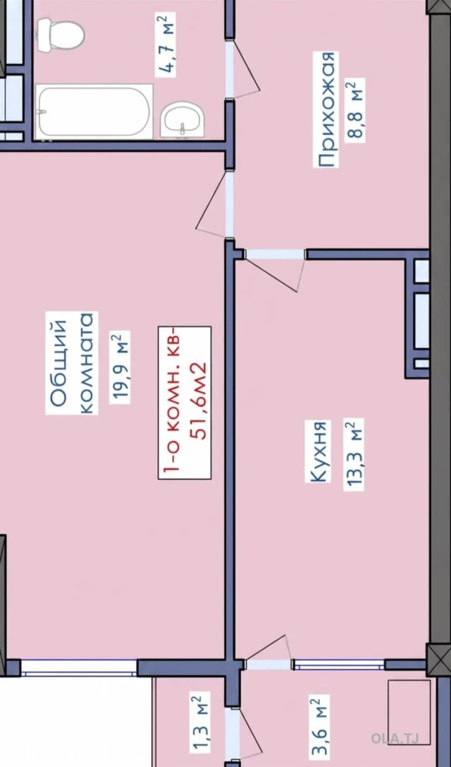 1 комнатная квартира, 12 этаж, 52 м²
