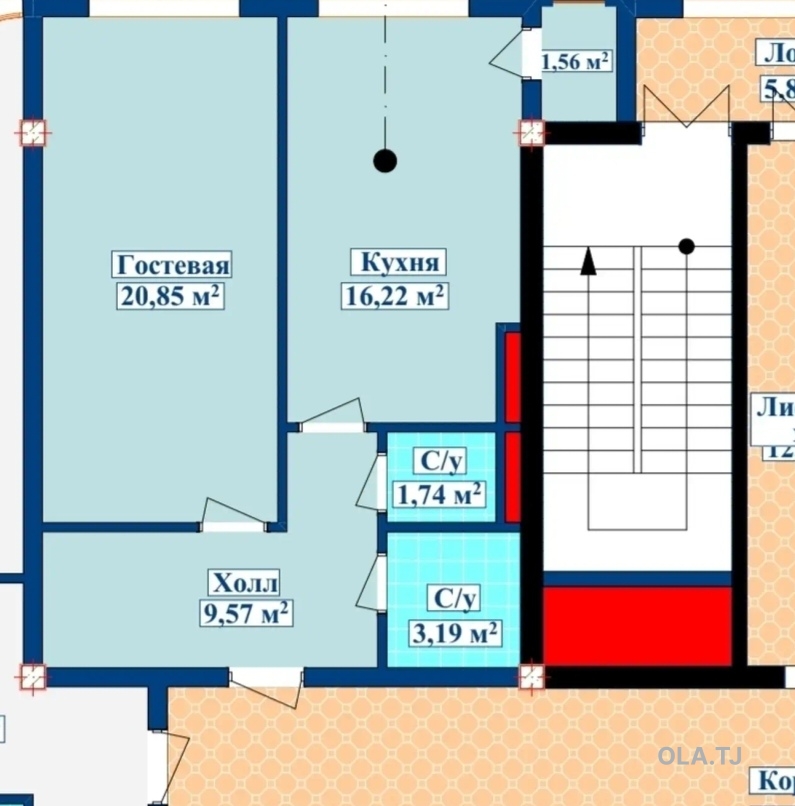1 комнатная квартира, 6 этаж, 53 м²
