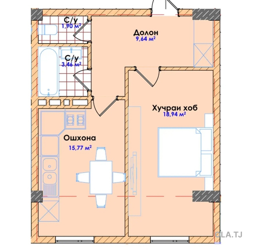 1 комнатная квартира, 7 этаж, 50 м²