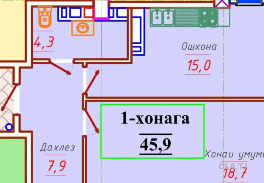 1 комнатная квартира, 12 этаж, 46 м²
