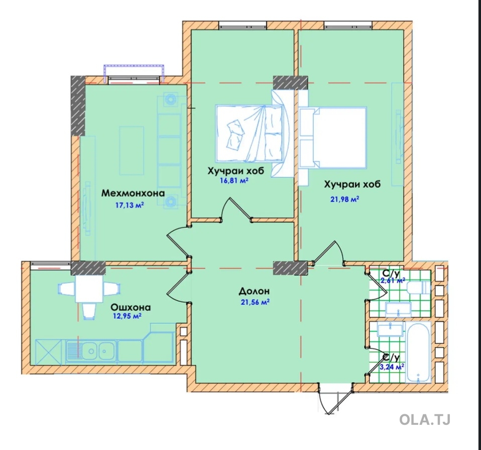 3 комнатная квартира, 5 этаж, 96 м²