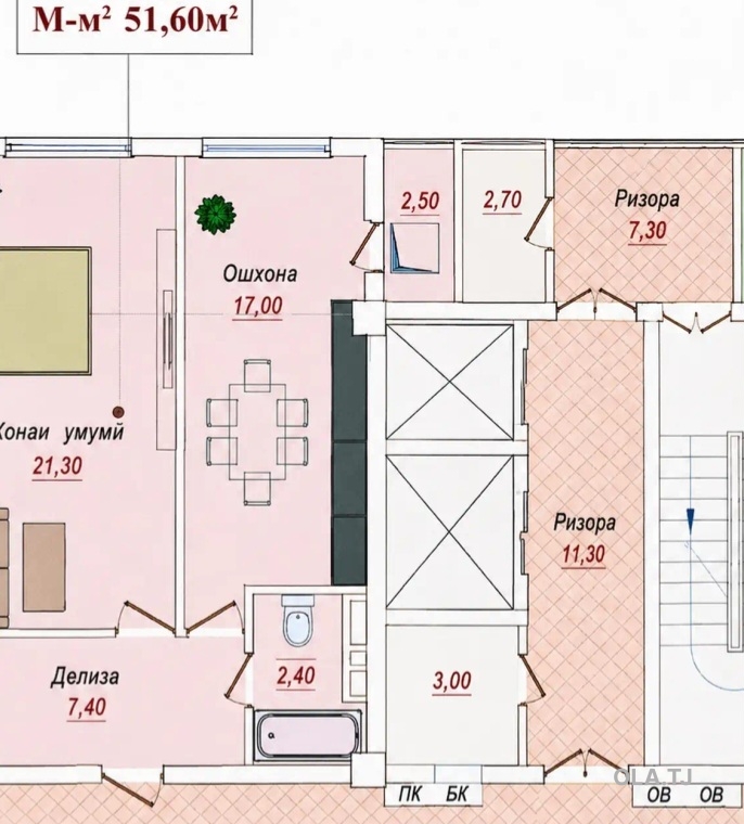 1 комнатная квартира, 4 этаж, 51 м²
