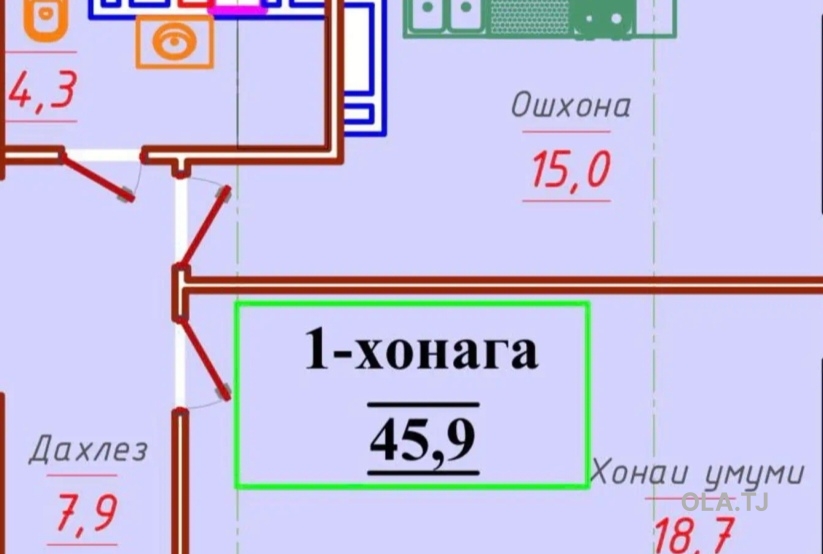 1 комнатная квартира, 12 этаж, 46 м²