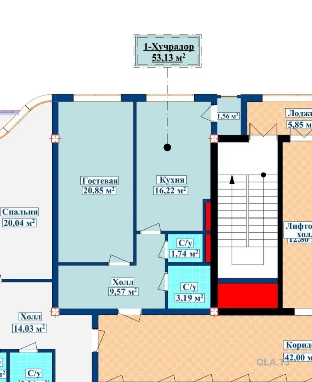 1 комнатная квартира, 6 этаж, 53 м²